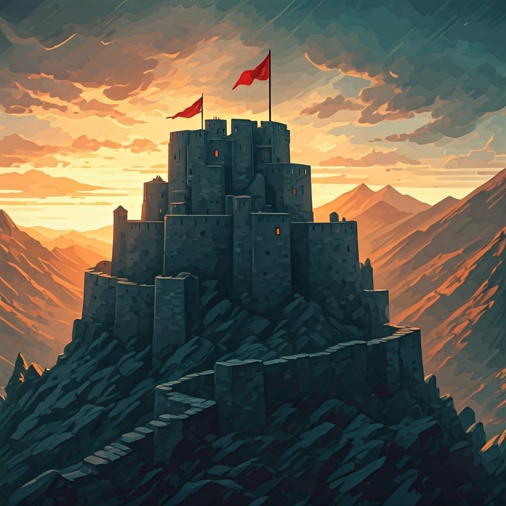 Mountain Fortress at Sunset in Watercolor Painting