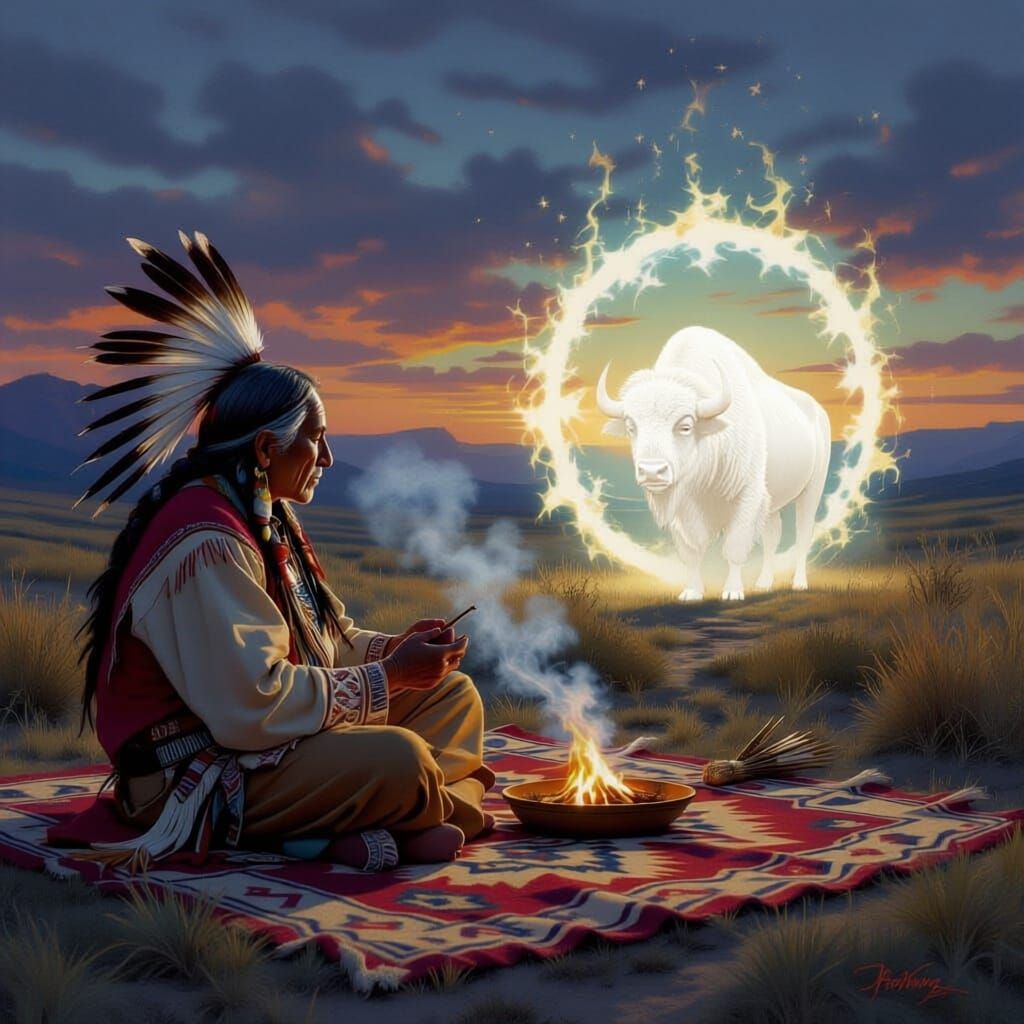 Elderly Native American shaman, sitting cross legged on Navajo rug at dusk, practicing smoke ceremony, a portal opens and a white buffalo is...