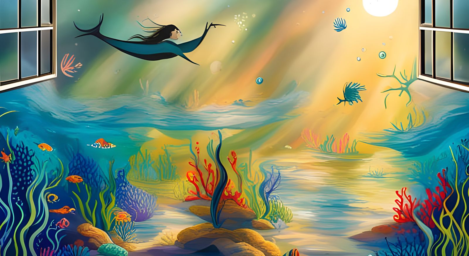 Create A Window Art Scene Depicting A Magical Underwater Kingdom Featuring Mermaids Sea