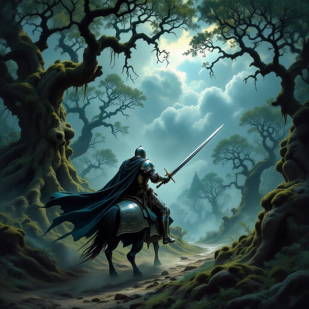 A brave knight in shining armor riding through an enchanted forest, sword in hand, searching for the Holy Grail, ancient trees, dramatic sky...