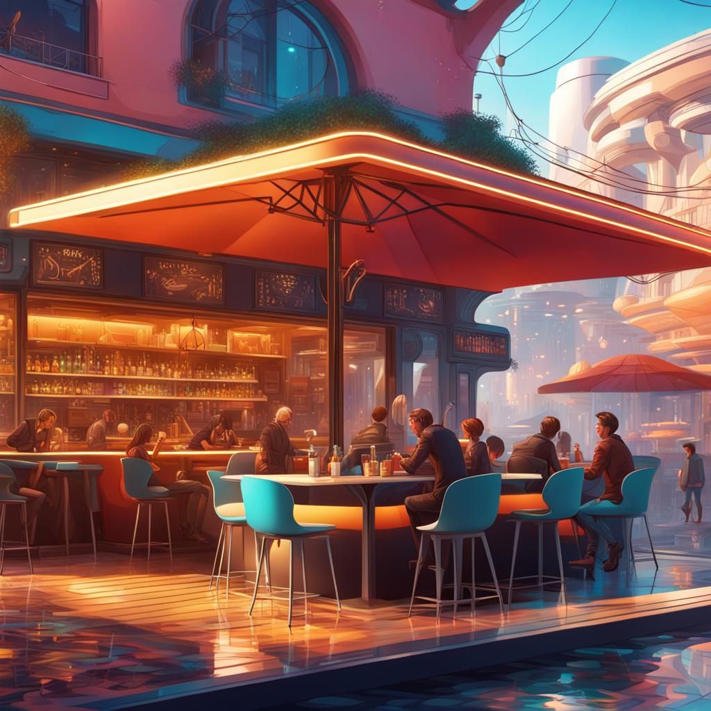 Futuristic utopian outdoor cafe scene