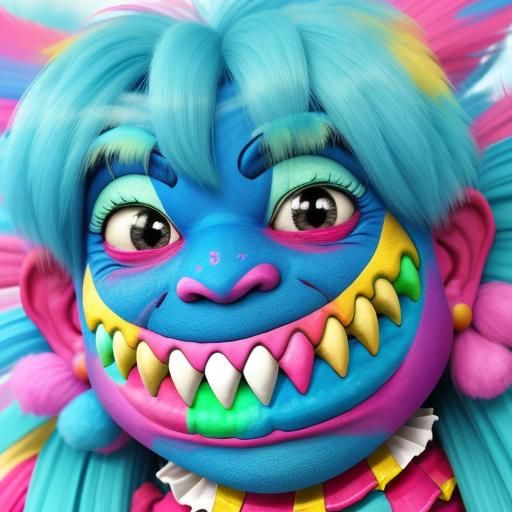 Blue,pink,green and yellow cotton candy has a big face, with...