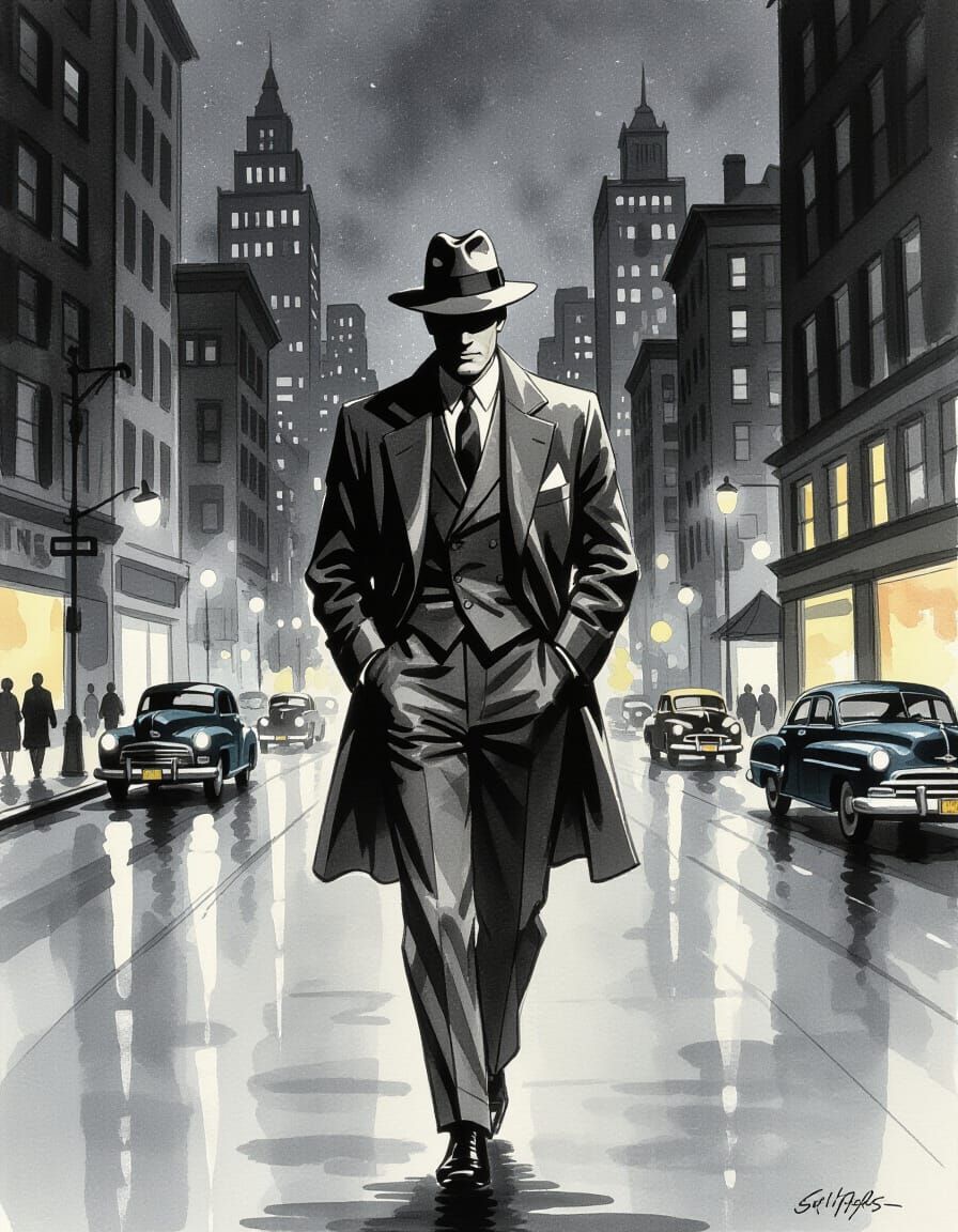 A detective walking in 1950s New York.   by @Sunil