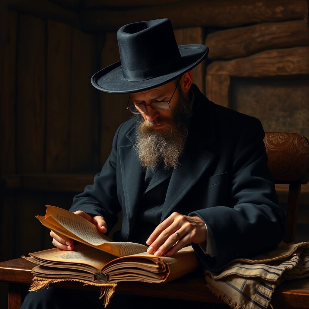 Orthodox Man Studies Scroll in Rustic Setting