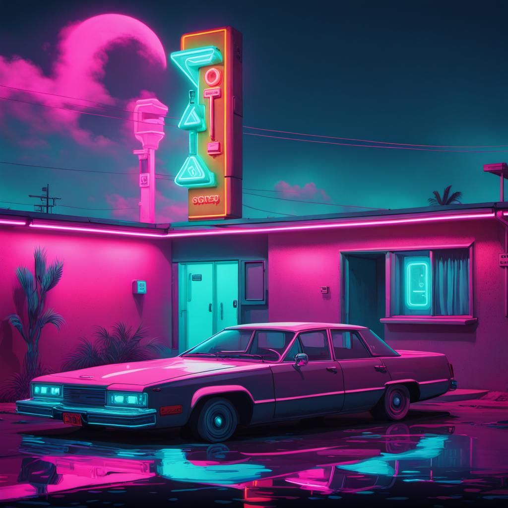 Creepy motel Neon lights Vaporwave aesthetic, glitch effects, faulty ...