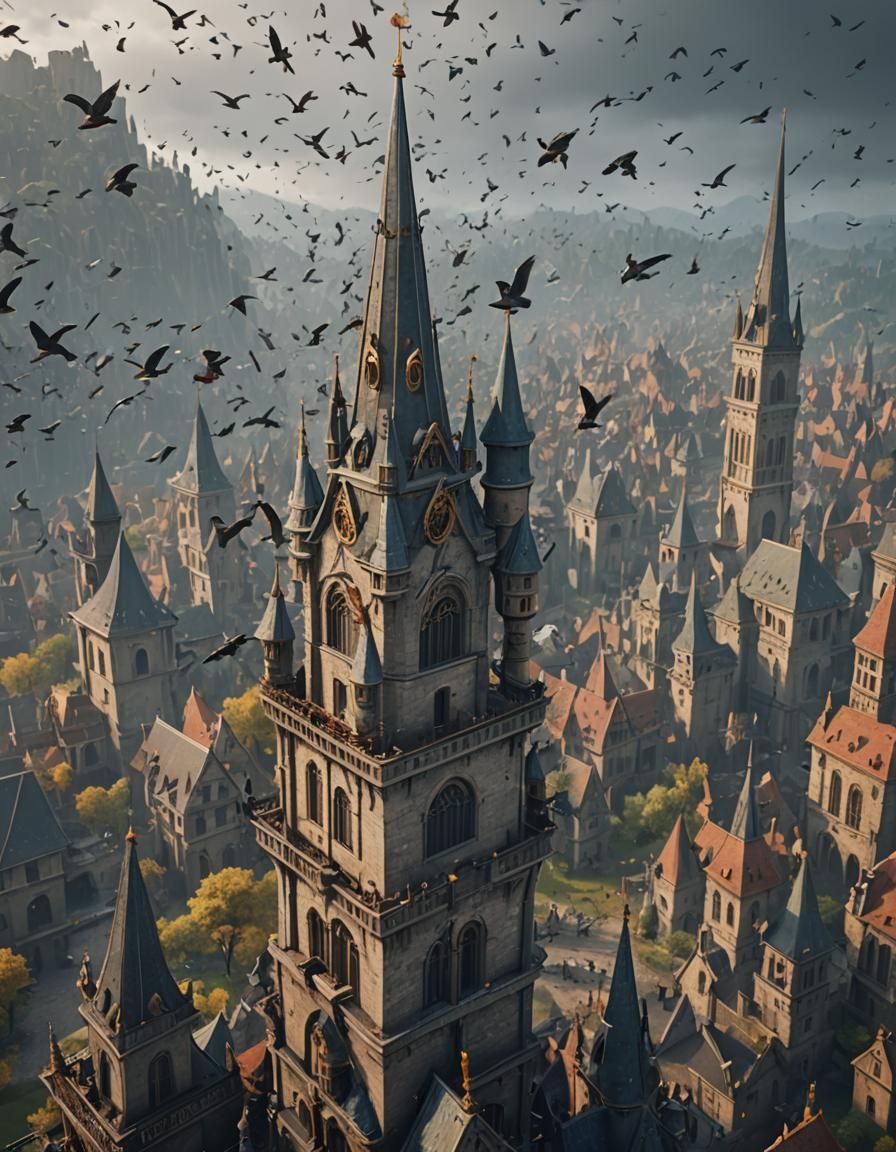spires, flock of birds, overcast
