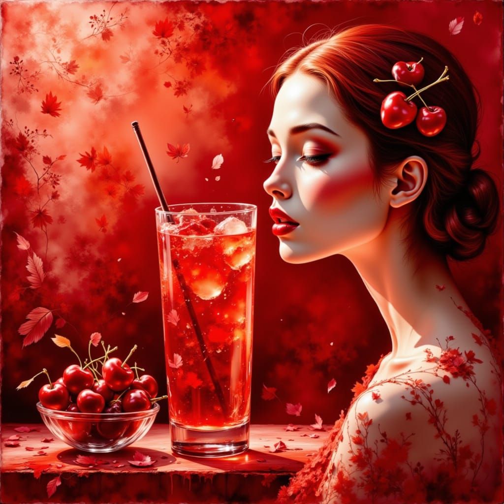 Oil Painting of Woman Sipping Cherry Juice in Red Ambiance