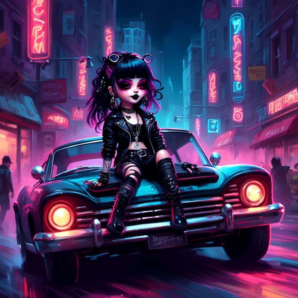  <lora:Doe eyed dolls:1.0> A street racer speeding through city streets at night, neon signs and vintage cars in the background