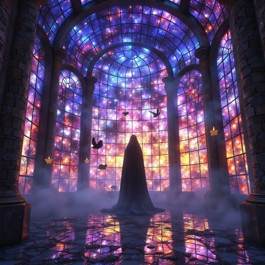 <lora:Stained Glass:1.0> A cloaked cartographer of ruined heavens, standing within a crumbled observatory made entirely of stained glass, e...