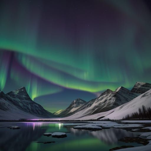 Aurora Borealis Over Snowy Mountains in Ethereal Glow