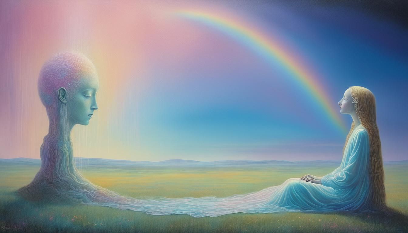 La petite mélancolie, en 1895, lithographie surréaliste dans les tons pastelles dans les dégradés arc en ciel à la façon de Jean Delville