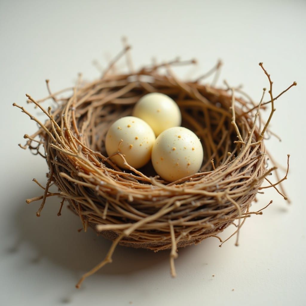 <lora:Koosh Me:1.0> A delicate bird’s nest woven with twigs, soft feathers, and tiny ribbons, cradling three speckled eggs that glow faintly...