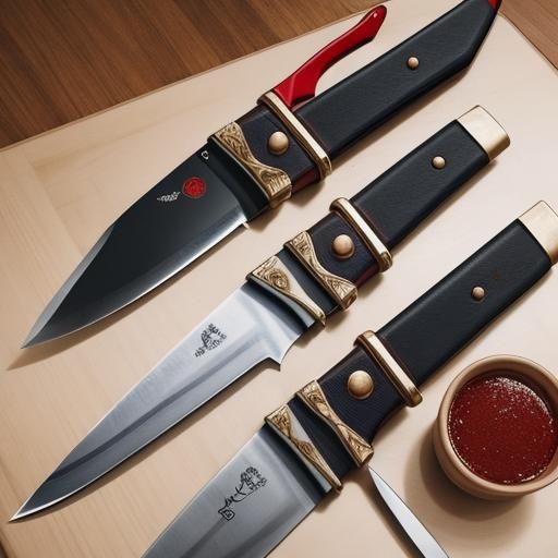 Produce a drawing of three knives laid out on a countertop. ...