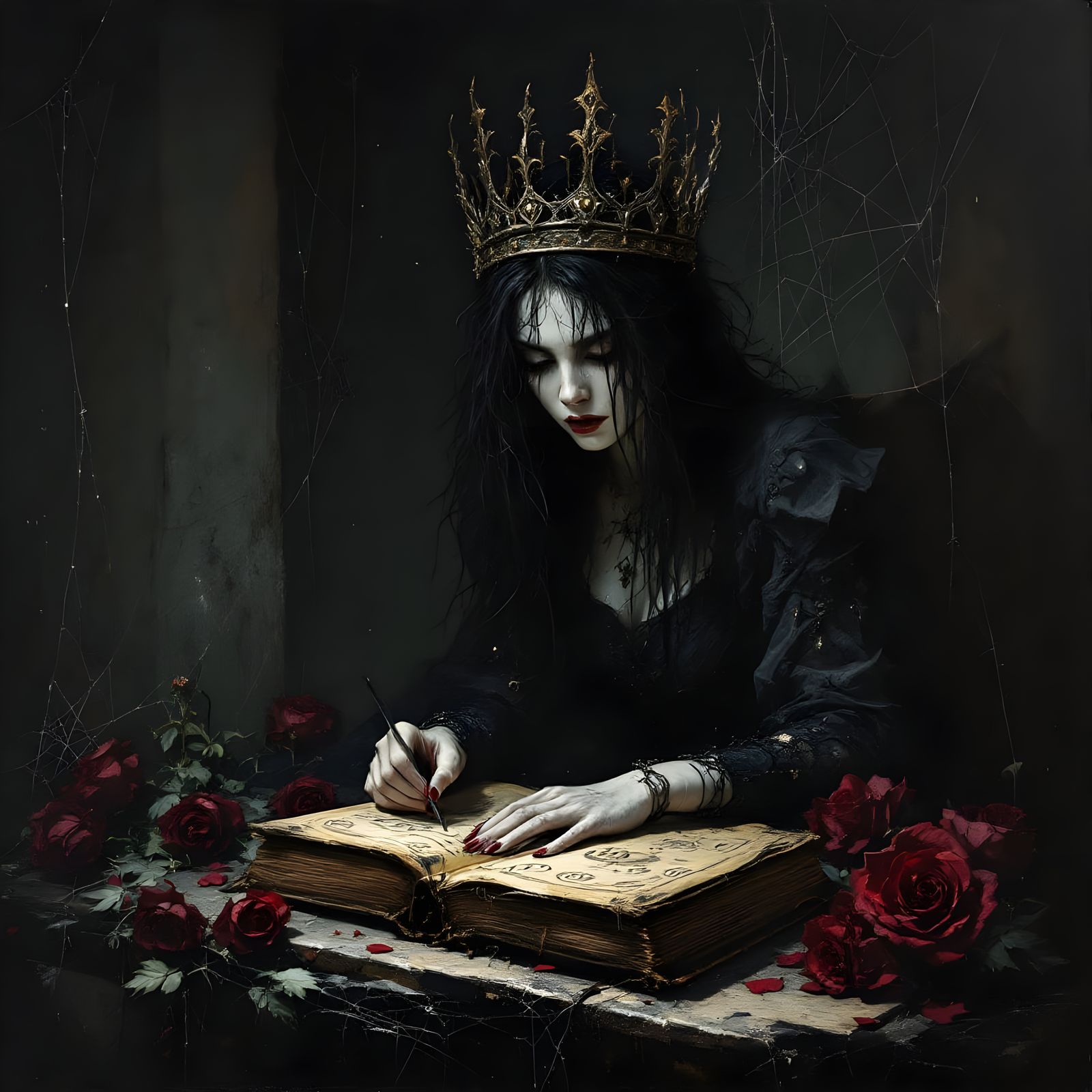 painting of a female wearing a crooked crown, reading a spooky book,spider webs in the corner, dark messy ...  by @Cassie Peters
