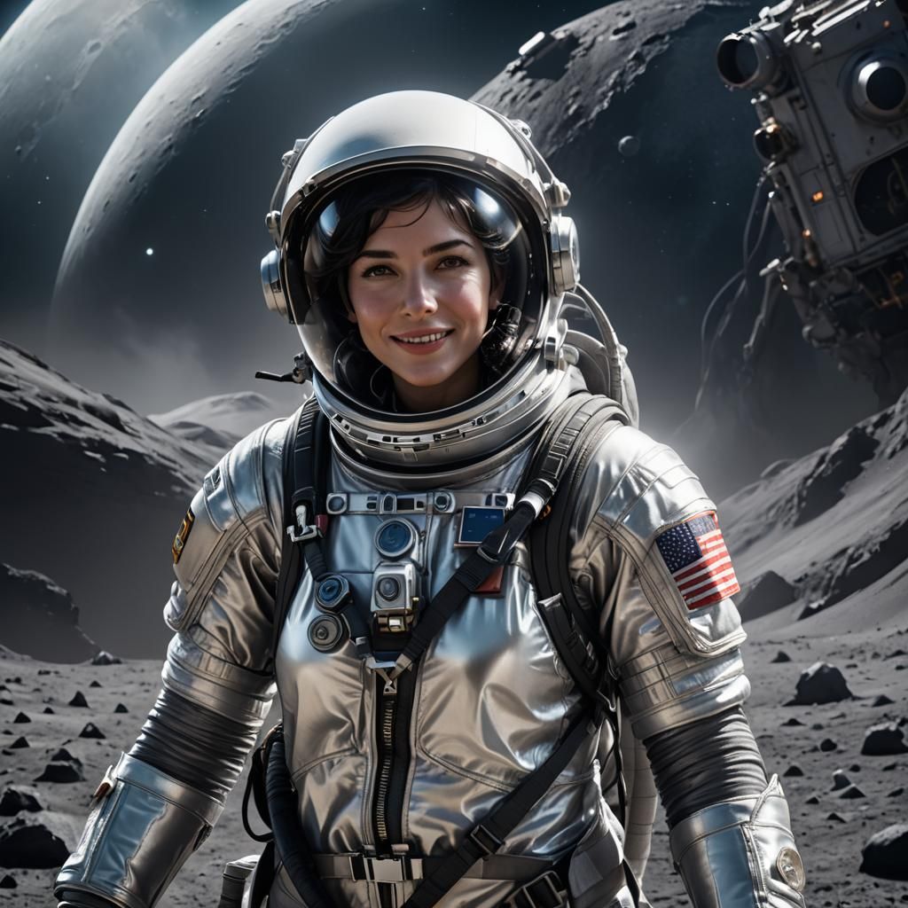 032 A beautiful female astronaut wearing a silver spacesuit ...