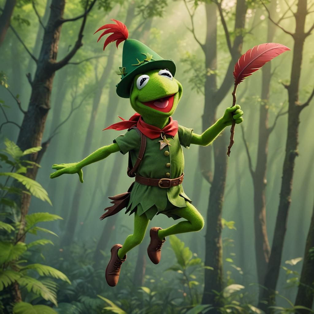 (Kermit as Peter Pan) wearing angular green cap decorated with a red ...