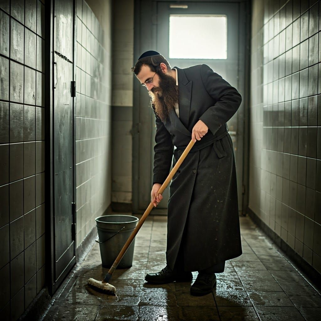 Hasidic Jewish Man Scrubs Stairwell in Hyper-Realistic Style