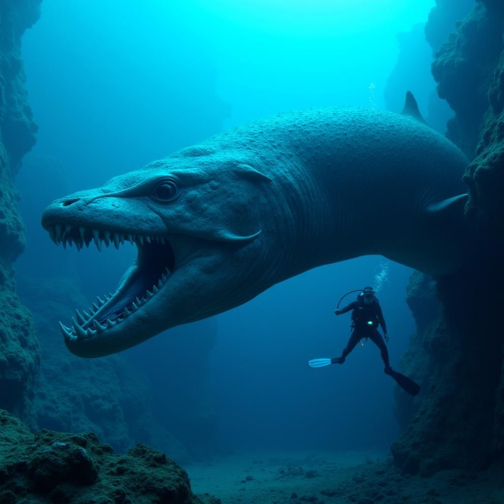 Terrifying horror art underwater thalassophobia creation of the bloop moray eel creature eying a scuba diver.