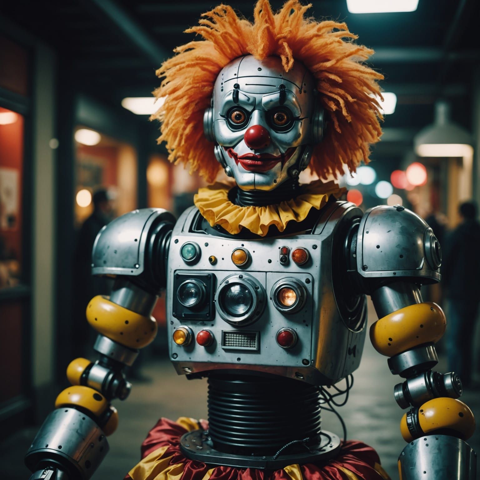 A robot in a clown costume for Halloween