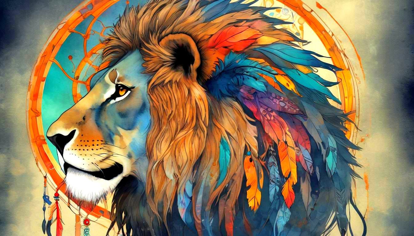 A lion in profile painted in vibrant hues, in a whimsical watercolor style, with multiple colors and deep saturation, dreamcatcher feather-s...