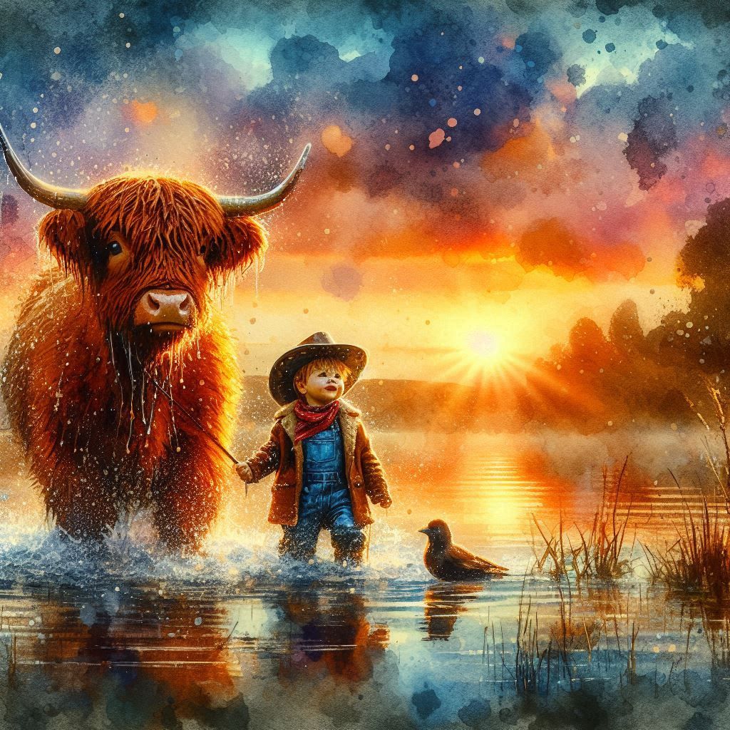 PORTRAIT OF A LITTLE COWBOY AND HIS HIGHLANDER COW
