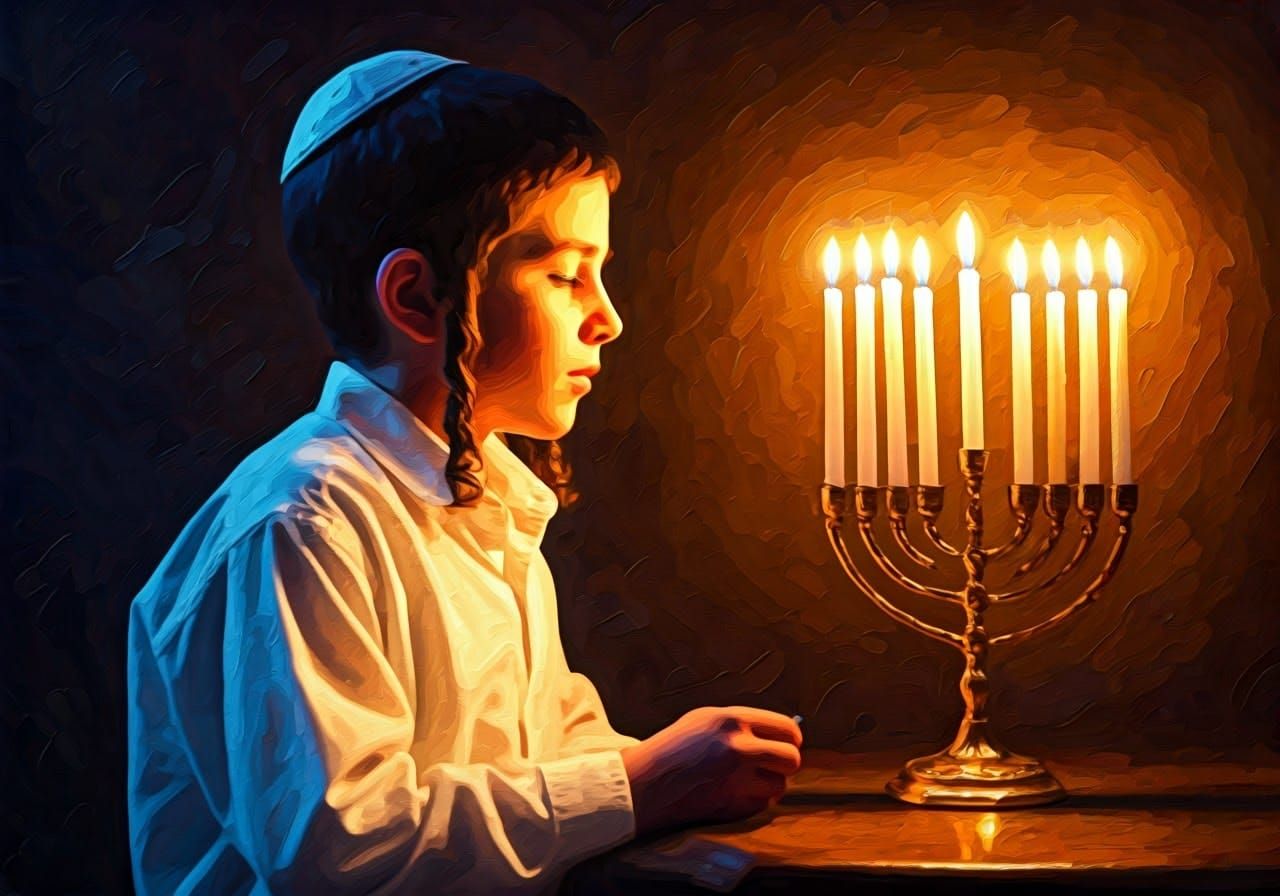 Orthodox Jewish Boy in Golden Hanukkah Light