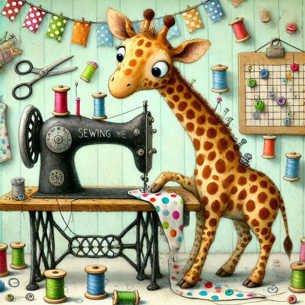 the giraffe sews with the sewing machine