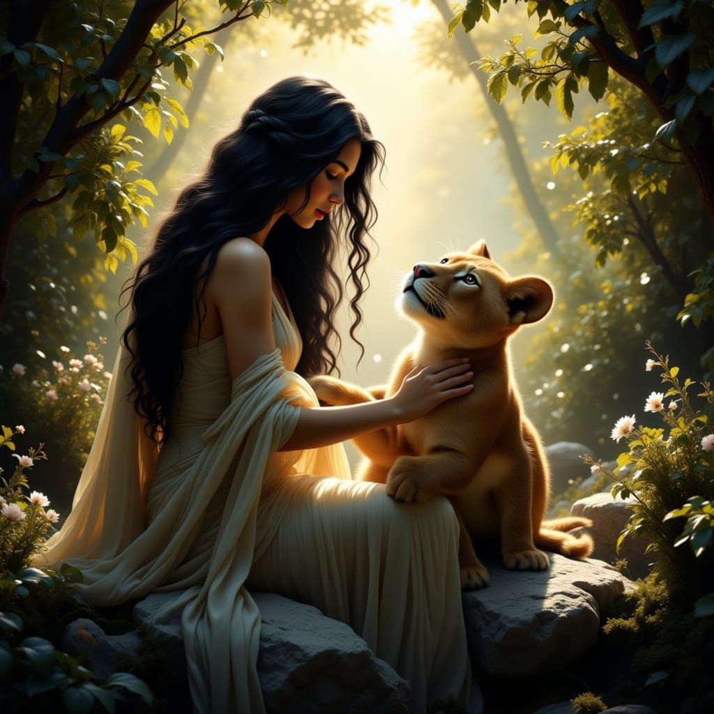 Goddess Heals Lion Cub in Sunlit Ancient Forest