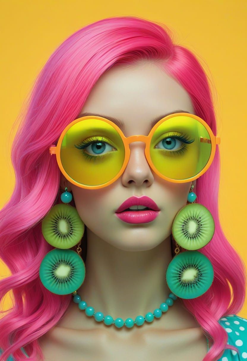 Vibrant Pop Surrealist Portrait of a Woman with Whimsical Ac...