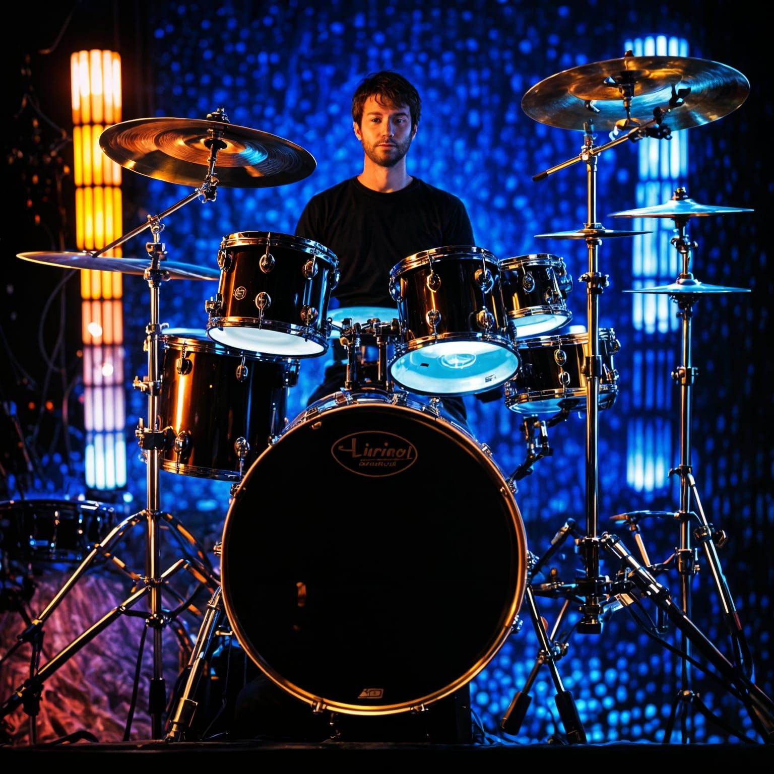 Photoelectric drumset with glowing drumheads, real life, photo, portrait