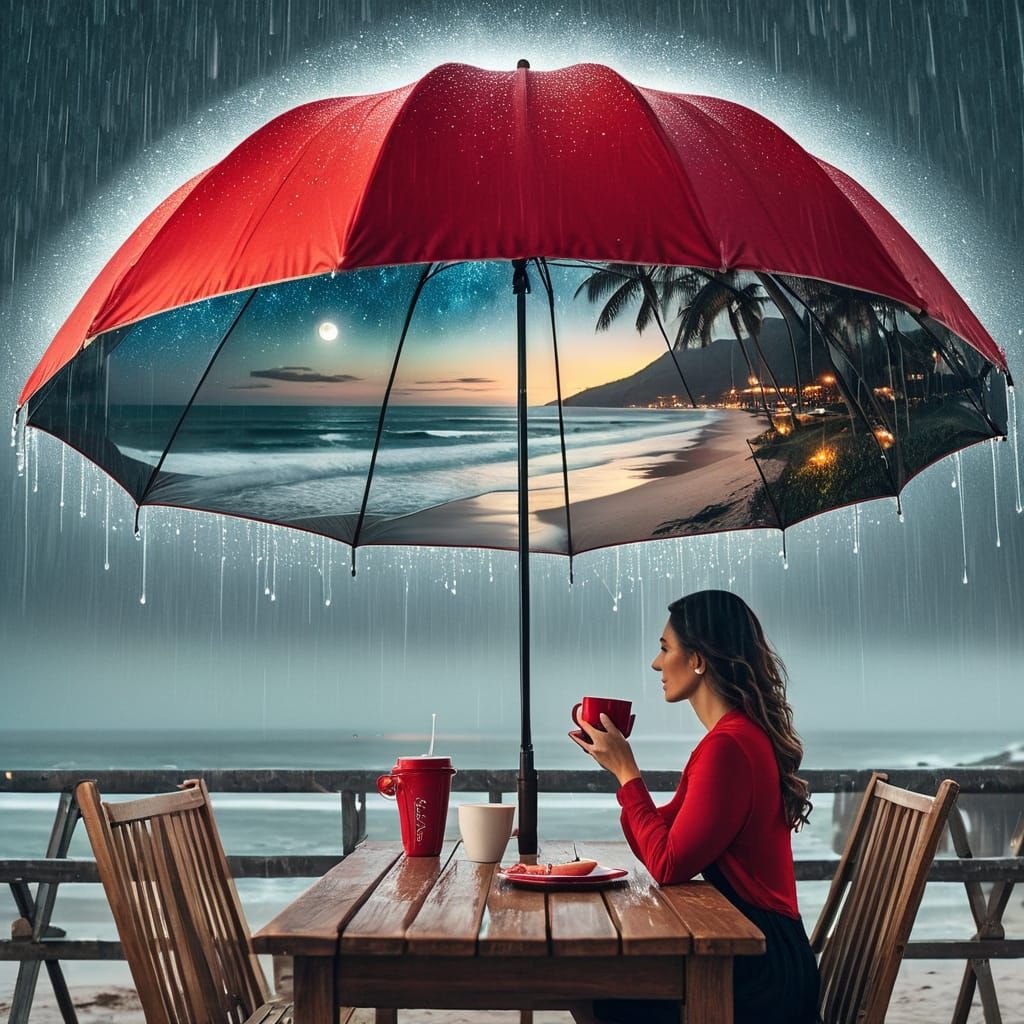 A woman is sitting at the table drinking coffee