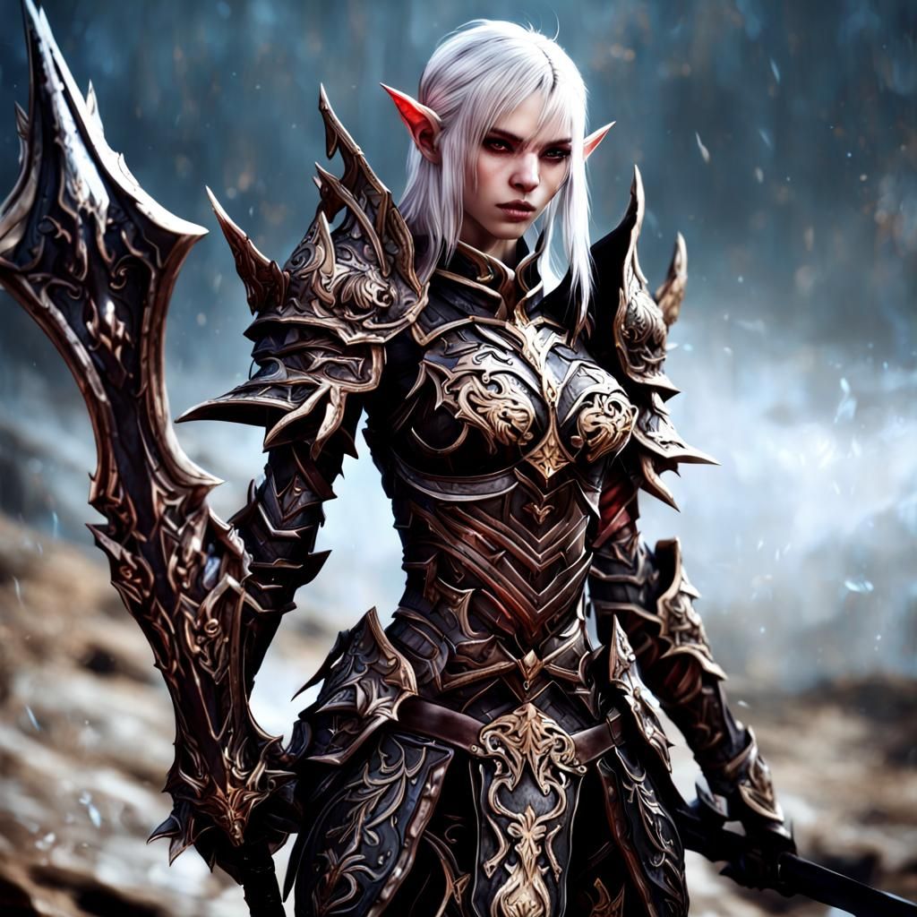 a lineage2 female drak elf worrior wearing draconic armor ready to ...