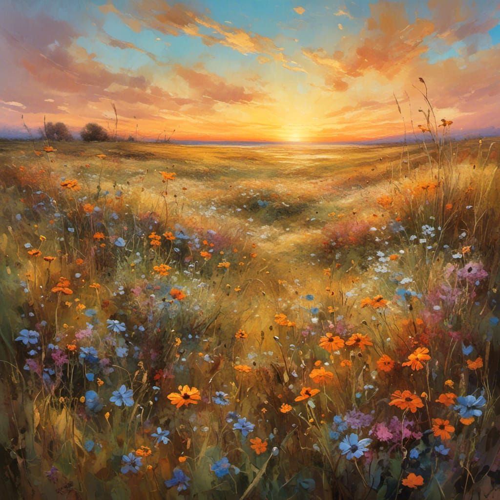 <lora:NC Hyperreal:1.0> Field of wildflowers, sunset, claude monet style