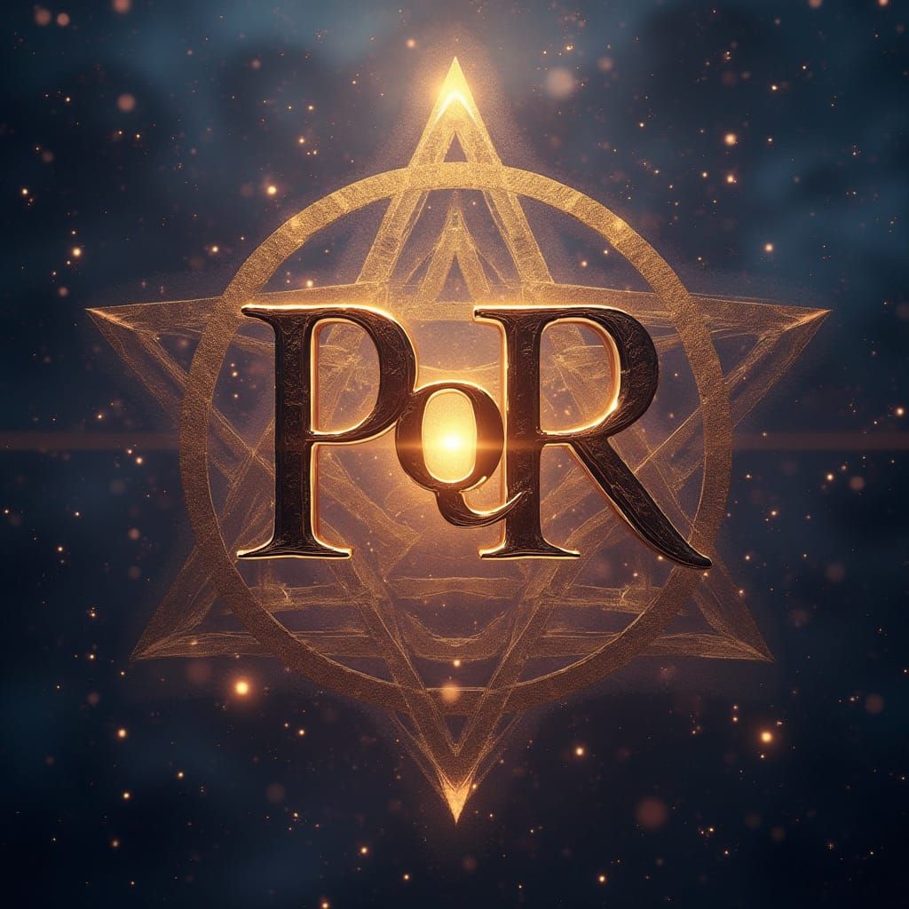 Vertical 9:16 Mystical glowing letters P, Q, R in golden-bronze light, surrounded by strong geometric cosmic structures, aura of stability a...