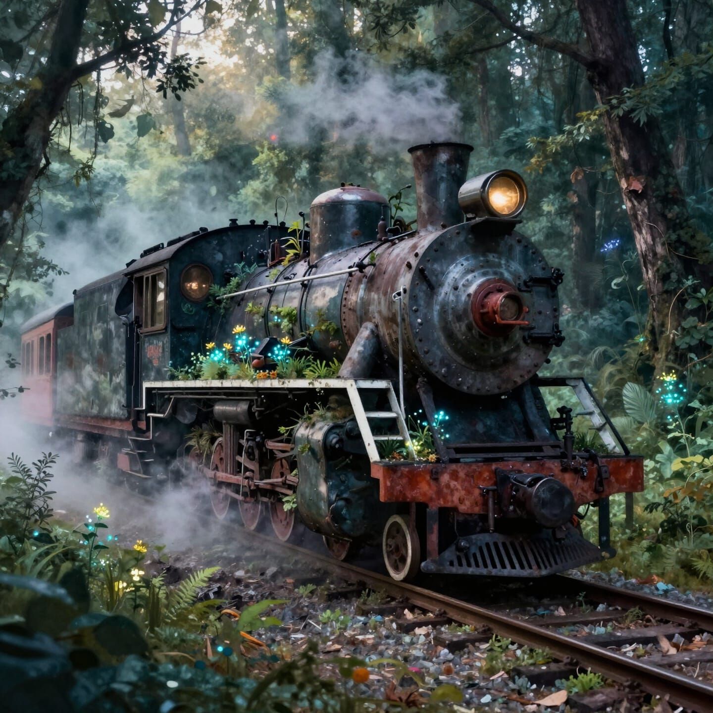 A vintage steam locomotive, its metal weathered and scarred, is overgrown with vibrant, bioluminescent ...  by @Phronc