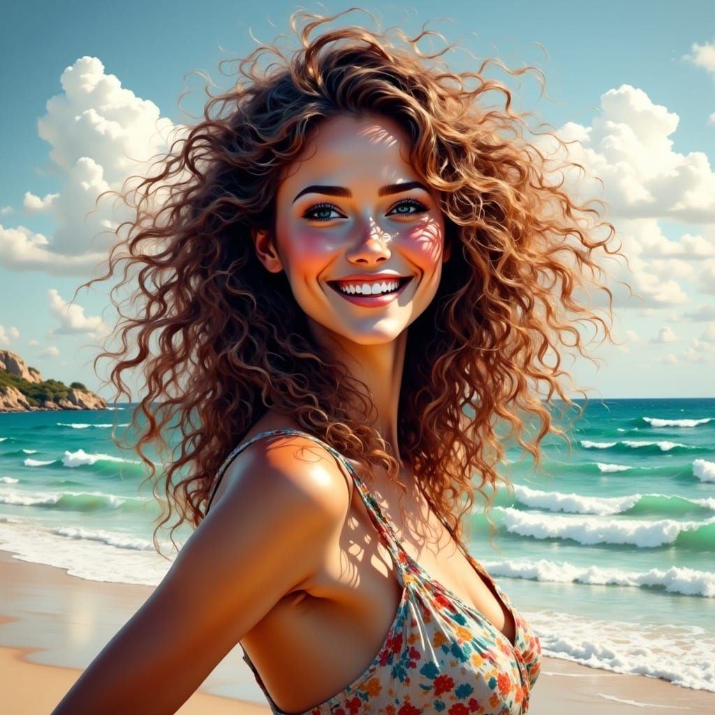 <lora:Smile:1.0> woman, smile, curly wild hair, wind and seashore