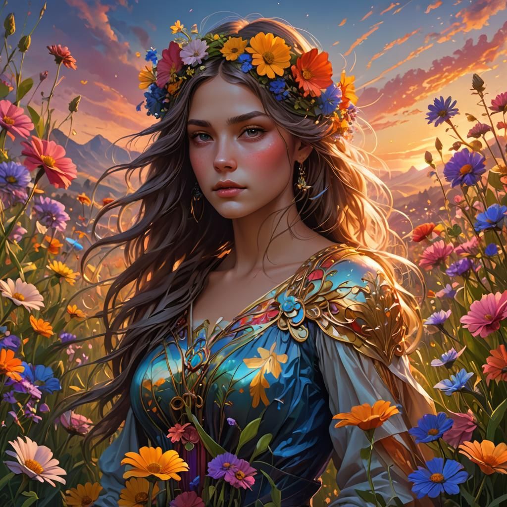Vivid Floral Meadow Sunset Portrait, Hyperdetailed Art