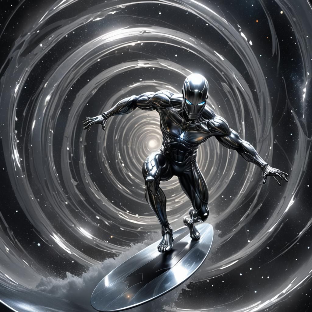 Silver Surfer flies on on a silver surfboard through dark spiral space  by @DiabolicX