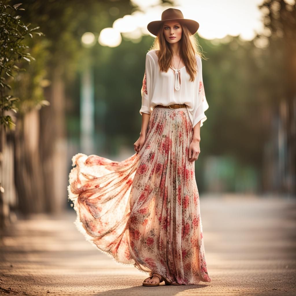 A flowy long skirt, a loose floral print blouse and a pair of fringed ...