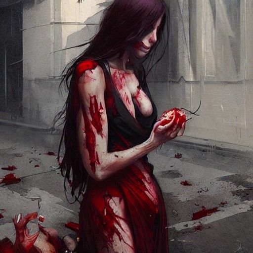 demon beautiful woman feeding on corpses on the street red s...