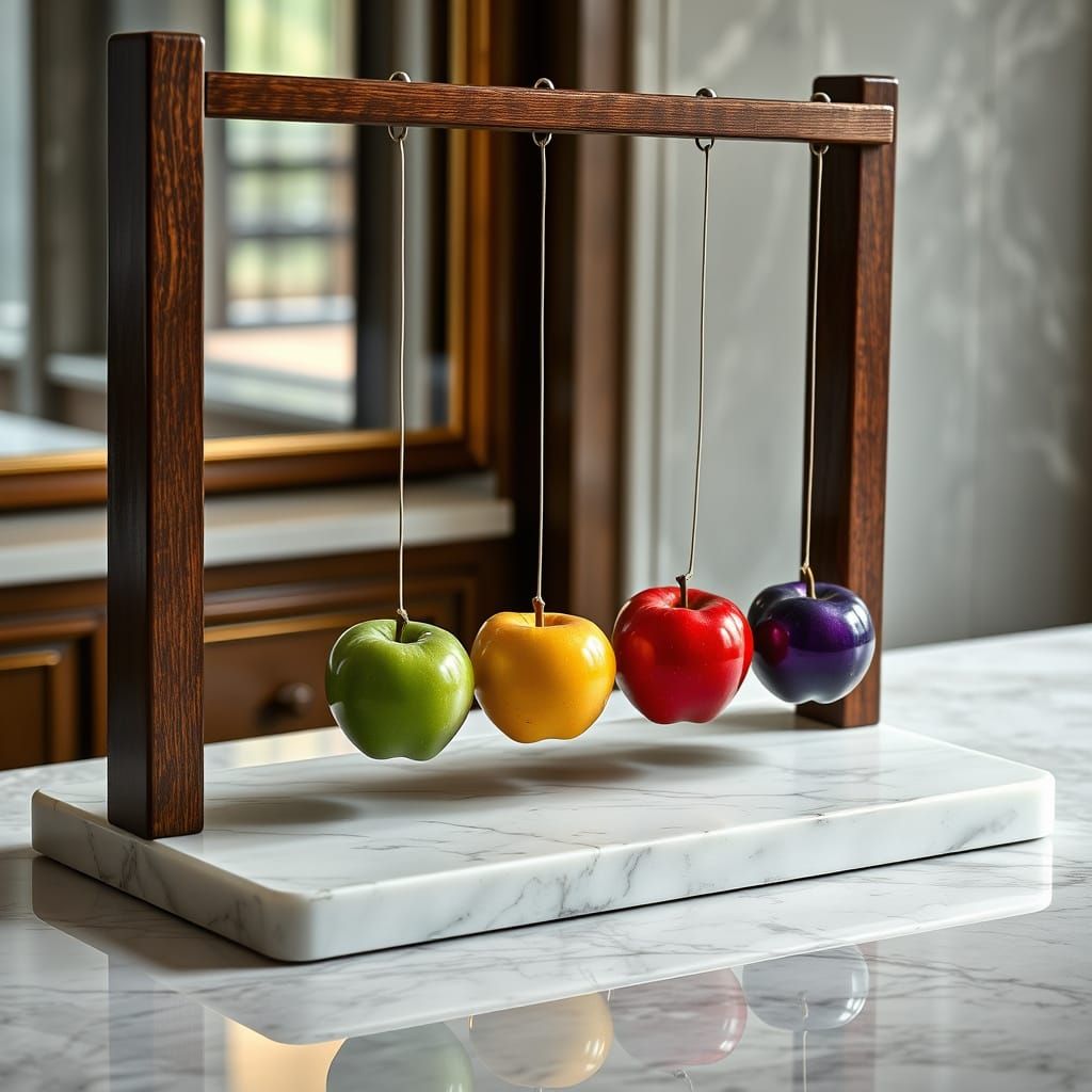 A newtons cradle, five apples hanging in the wooden cradle, each apple hanging from one string attached ...  by @CyberneticBionic