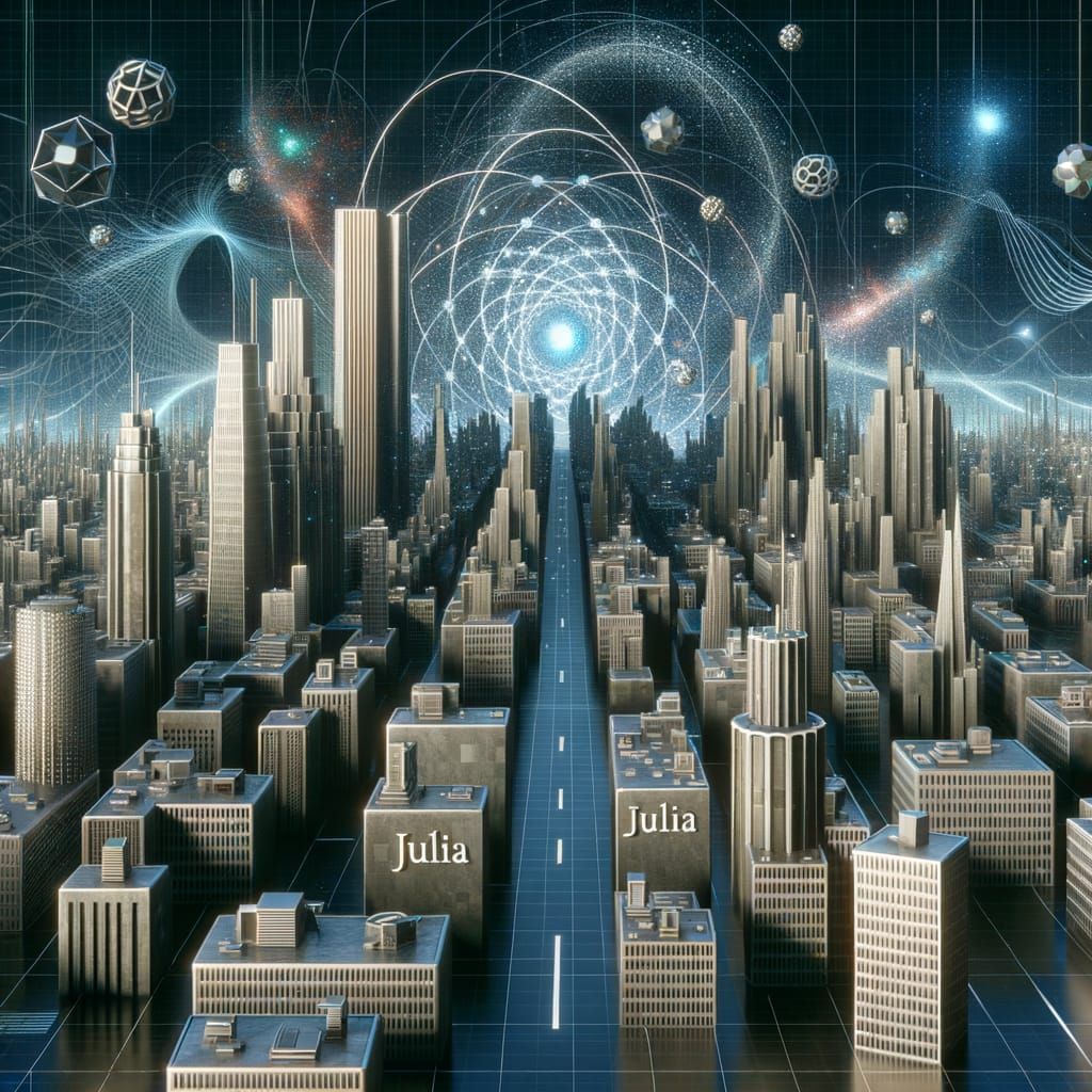 A 4D quantum city with the text Julia written on the walls of the streets 