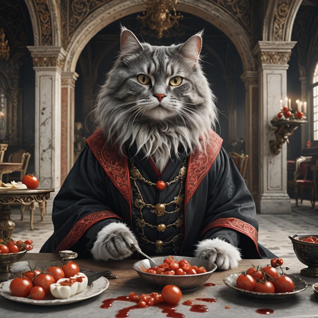 A cat dressed as a noble cat with long grey hair wearing a b...