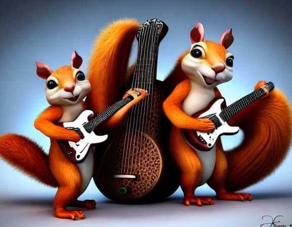 Two cute little charm photorealistic Squirrels with big happ...