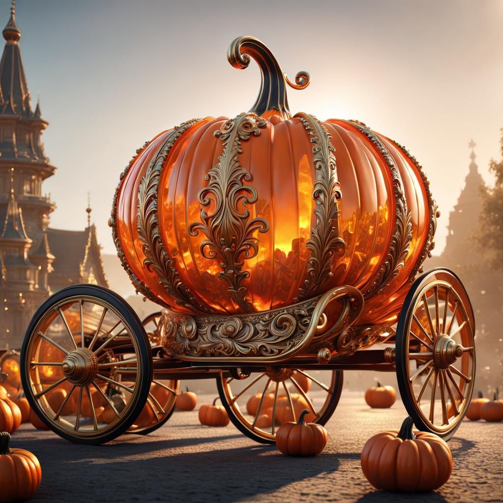 Centered Shot of an orange pumpkin carriage Made Of orange Crystal Glass, Michael Kaluta, Aleksandr Kuskov, ...  by @Pjrockey