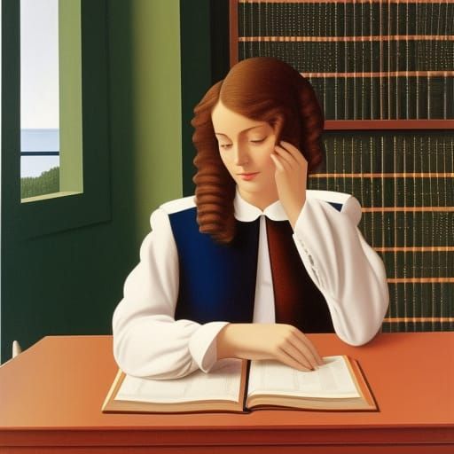 young woman reading a book in a library, by René Magritte,