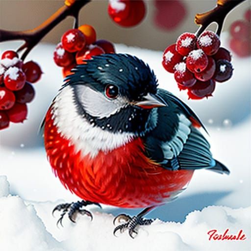 red berries, winter, chickadee