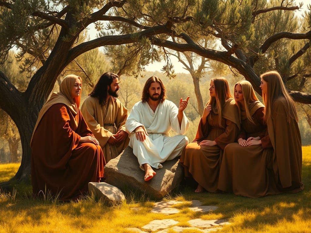 Sensual Baroque Jesus Teaches Young Women in Olive Grove