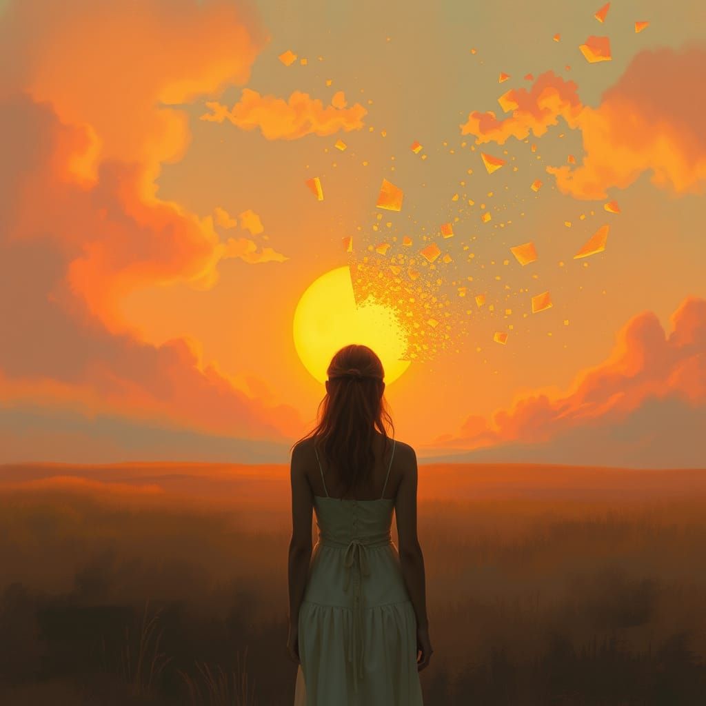 Surreal Sunset Dissolving into Fragments