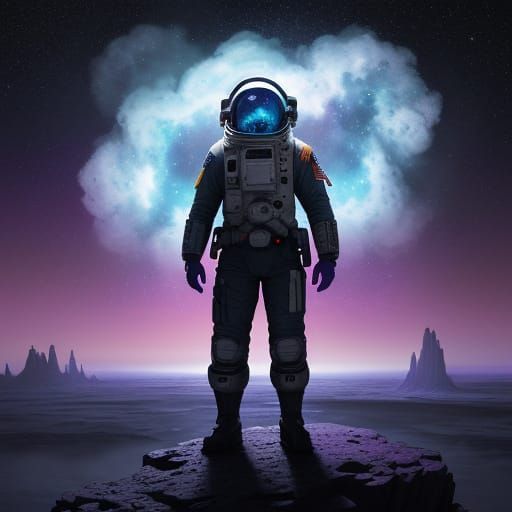 Astronaut Gazes at Cosmic Nebulae on Alien World